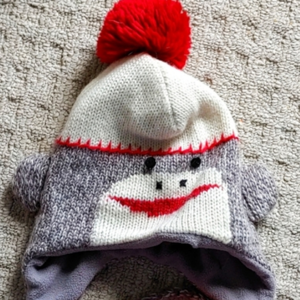 Sock monkey winter hat tobagan ties pompom delux adult / teen